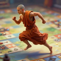 male monk running at full speed without shirt, cinematic, volumetric lighting, Epic composition, octane render, Smooth gradients, High contrast, depth of field, concept art, oil painting, board game cover art,