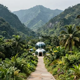 an expansive view of a path leading to a futuristic containment building in a forested valley and lush mountains in the distance, tropical, national geographic, hyper realistic, 4 k, hazy light