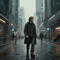 Slavic citizen walking on a street of a future city, art book, 4k, Artstation HD, Flickr, by Maciej Kuciara