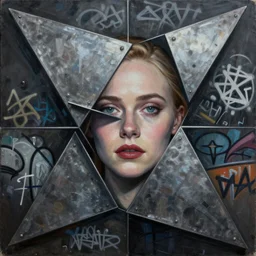Elle Fanning on a heavy metal album cover picture by Sachin Teng, asymmetrical, dark vibes, Realistic Painting , Organic painting, Matte Painting, geometric shapes, hard edges, graffiti, street art:2 by Sachin Teng:4