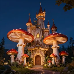 mushroom castle at night, ultra realistic, 4 k resolution