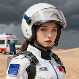 portrait of whitecolorpunk blackpink jisoo female ambulance soldier, helmet, stormy sand desert, armored, highly detailed, digital painting, face detail, sharp focus, art, illustrations by loish and ayanamikodon and irakli nadar and rossdraws and wlop