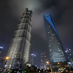 cyberpunk shanghai lujiazui in the night seen from below, cityscape, mist, rain, artstation, greg rutkowski, hq