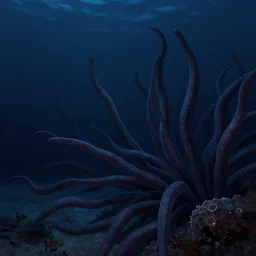 “a swarm of dark tentacles underwater, beautiful digital art, deep abyss ocean floor, dark navy colored background”