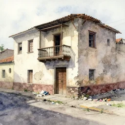 watercolor painting of lima peru, dilapidated, run down, trashy ambient lighting and shadows