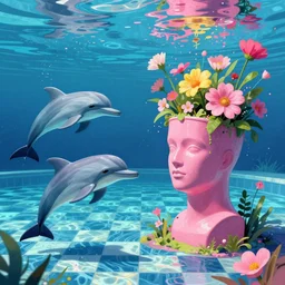 trending on artstation, highly detailed, vaporwave surreal ocean, dolphins, pool, checkerboard pattern underwater, cuastics, award winning masterpiece with incredible details, artstation, a surreal vaporwave vaporwave vaporwave vaporwave vaporwave painting by david friedrich of an old pink mannequin head, flowers growing out of its head, sinking underwater, highly detailed