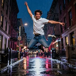 night flash portrait photography of jason momoa jumping on a rainy night on the lower east side by annie leibovitz, raining!!!, colorful!!, nighttime!!,