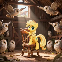 twilight sparkle tied to a chair, in a barn, surrounded by owls, friendship is magic, mlp, tied to a chair with a rope, struggling, owls are all around her
