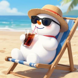 snowman wearing sunglasses and straw hat drinking soda from a glass using a straw, sunbathing on deckchair on sandy beach, anime style, photorealistic image ultra detailed, high resolution, artstation