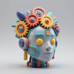 a glossy claymodel of a cyberpunk aztec futuristic robot head, top of the head is made of gears and multicolored glowing tubes, eyes are multicolored lamps, 8 k, front shot, symetrical, flourescent colors, halluzinogenic, multicolored, insanely detailed, 3 d render, octane
