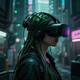 profile silhouette of an emerald herald with flowing wires and cables for hair in a cyberpunk neo - tokyo. vr headset. concept art. extremely detailed and complex cluttered imagery. dslr. panosonic cinematography. bokeh.