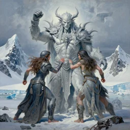 mysterious trailblazer Antarctica glacial cult mountain god fighting goddess, realistic fantasy, oil painting, extremely high detail, photorealistic, cinematic lighting, oil painting, intricate line drawings, 4k resolution