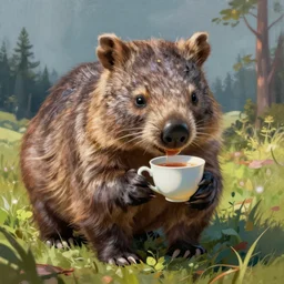 awesome colourful digital painting of a wombat sipping a cup of tea