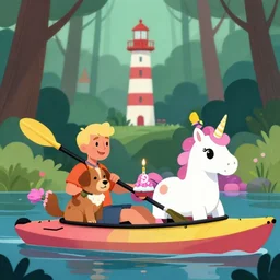 blonde guy, a dog and a unicorn, celebrating a birthday on a kayak in a forest, with a lighthouse in the background