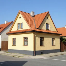 beautiful light yellow house with orange roof tiles next to the street t - junction