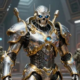 high fantasy 1 9 8 0's wargame airbrushed artwork - inspired octane render, a giant silver reflective chrome android wearing a mask shaped like an intricately carved beautiful human skull with glowing laser eyes, golden giant battle armor, inside a futuristic army base