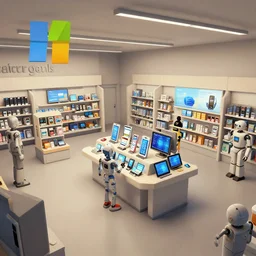 environment art matte painting of a 2 0 5 0 s microsoft retail interior, phones, tablets, robots and mannequins, by craig mullins, ruan jia by liam wong trending on artstation, 4 k