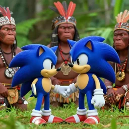 sonic makes peace with an indigenous tribe in the amazon, documentary shot, telephoto zoom, 2 0 0 mm