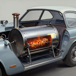 concept art for a car with built - in meat smoker, painted by syd mead