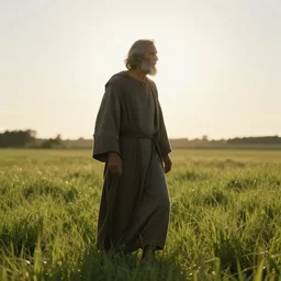 old prophet wandering about a meadow. mostly silhouetted. harsh sunlight. radiant glow.