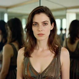 closeup portrait of a woman wearing a dress, standing in a hall of mirrors, by Annie Leibovitz and Steve McCurry, natural light, detailed face, CANON Eos C300, ƒ1.8, 35mm, 8K, medium-format print