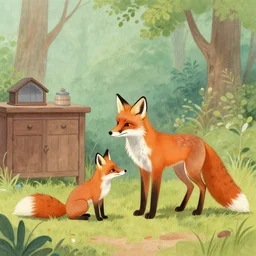 a fox mother tends to her household, illustration by Mary Jane Begin, Steven James Petruccio, Keren Katz, Thomas Kinkade