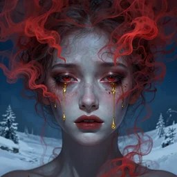 crying symmetrical face of gorgeous goddess made of red smoke and ash with golden tears, art by beksinski, deep eyes, dark blue atmosphere, snow landscape background, concept art, artstation, art by anato finnstark
