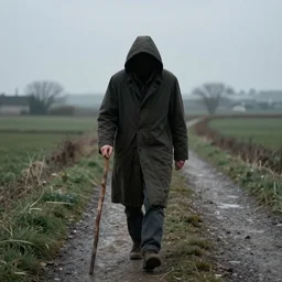 a man walking along a field path a man wearing a long coat covering his head, a man holding a long stick in his hand, mysterious traveler mysterious past
