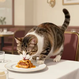 a cat eating in gourmet restaurant, 1900's artstyle