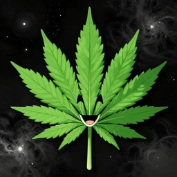 highly detailed portrait of a hopeful pretty Cannabis leaf cartoon character with a beautiful face, by Junji Ito, 4k resolution, nier:automata inspired, bravely default inspired, vibrant but dreary but upflifting green, black and white color scheme!!! ((Space nebula background))