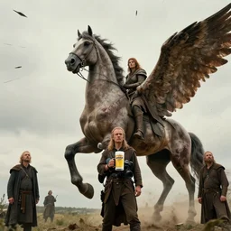 wide - shot | dslr | madison beer | as a valkyrie warrior | giant winged horse | scarred | arrows filling the sky | by victor nizovtsev, john blanche and werner herzog | fantasy | highly detailed | north mythology | realism | film | cinematic 4 k |