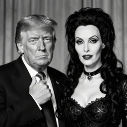b & w photo of someone who looks like a mixture between donald trump and morticia addams, morticia addams with donald trump's face, morticia addams as played by donald trump