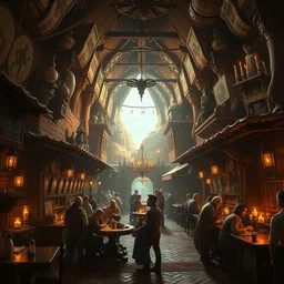 a rowdy pueblo kasbah tavern with all races of fantasy, interior shot wide angle, matte painting by dan mumford and craig mullins and boris vallejo, trending on artstation