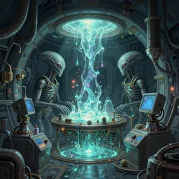 bunker laboratory with alien mechanisms!!!!! inside, with mystical glowing fluid!!!!!!, ultra detailed, science fiction illustration, made by greg rutkowski