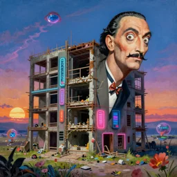a beautiful ultradetailed painting of closet building unfinished building industrial architecture by salvador dali, at dusk at dawn vaporwave alien cyberpunk neon signs sunlight retrowave nature lightpaint tundra anime flowers dramatic lighting nightsky, archdaily, wallpaper, highly detailed, trending on artstation.