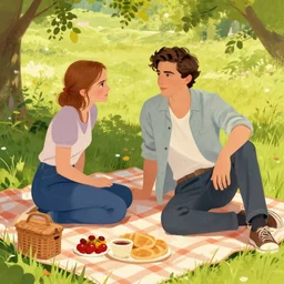 timothee chalamet having picnic with emma watson, artwork by gaston bussiere, craig mullins, trending on artstation