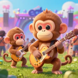 cute monkeys plays musical instruments at edm festival rave, in style of anime, hyper realism, octane render, 8 k, hyper detailed.