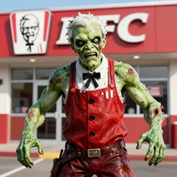 colonel sanders as an angry deranged zombie, background is a kfc,