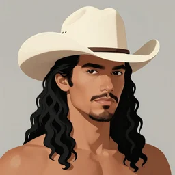 illustration of a handsome!! man with long black curly hair, tan skin, anchor goatee | wearing a cowboy hat | art by hirohiko araki & jean giraud & artgerm & jack kirby | artstation, character design, concept art