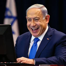 benjamin netanyahu laughing hysterically at computer screen, black background, vivid rich colors, vibrant, warm, highly detailed, dynamic lighting