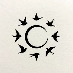 a simple tattoo design of birds flying in a 8 spiral, black ink, logo