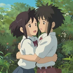 Boy and girl embracing each other, anime, art of Makoto Shinkai