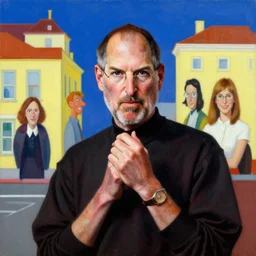 painting of steve jobs designed by gucci and wes anderson, energetic, cinematic look, in the style of edward hopper, james jean, petra collins and mc. escher
