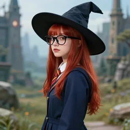 side portrait cute adult female witch student, magic university school dress, thick nerd glasses, fantasy landscape, bangs red hair, sharp focus, illustration, highly detailed, digital painting, concept art, matte, art by wlop and artgerm and greg rutkowski and alphonse mucha, masterpiece