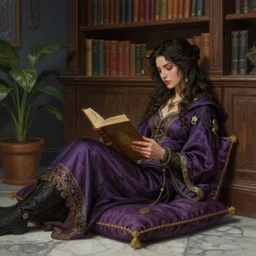 a detailed fantasy pastel portrait of a woman wizard in ornate clothing lounging on a purpur pillow on the marble floor in front of her bookcase in a room, reading an ancient tome. to the side is a potted plant, moody light. ancient retrofuturistic setting. key art, focus on face, by chie yoshii and casey weldon