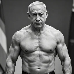 benjamin netanyahu as zyzz, black white photography muscular, buff, zyzz physique, insanely detailed