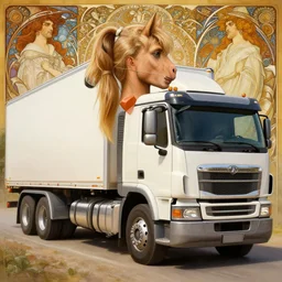 a beautiful illustration of a light brown ponytail wearing man and his 1 8 wheeler truck, intricate, sharp focus, illustration, highly detailed, digital painting, concept art, matte, art by wlop and artgerm and greg rutkowski and alphonse mucha, masterpiece