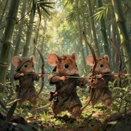 dungeons and dragons fantasy painting, mice ranger archers emerge from the forest, longbows, hooded cloaks, whimsical and cute, determined expressions, watery eyes, anime inspired, brown fur, tufty whiskers, feathered arrows, bamboo forest, dawn lighting, by brain froud jessica rossier and greg rutkowski