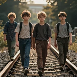 boys walking on the rail way. faces.