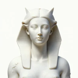 symmetry!! full head, shoulders and bust, beautiful female porcelain sphinx body sculpture by daniel arsham and raoul marks, intricate, elegant, highly detailed, digital painting, artstation, concept art, smooth, sharp focus, all white features on a white background, delicate facial features, golden ratio composition,